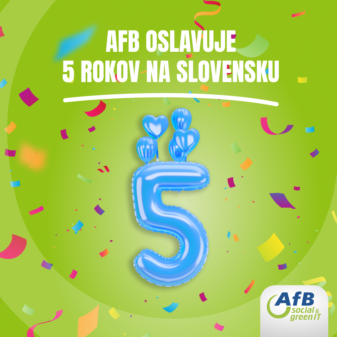 Logo AfB, číslo 5, nápis AfB Oslavuje 5 rokov na Slovensku, konfeti